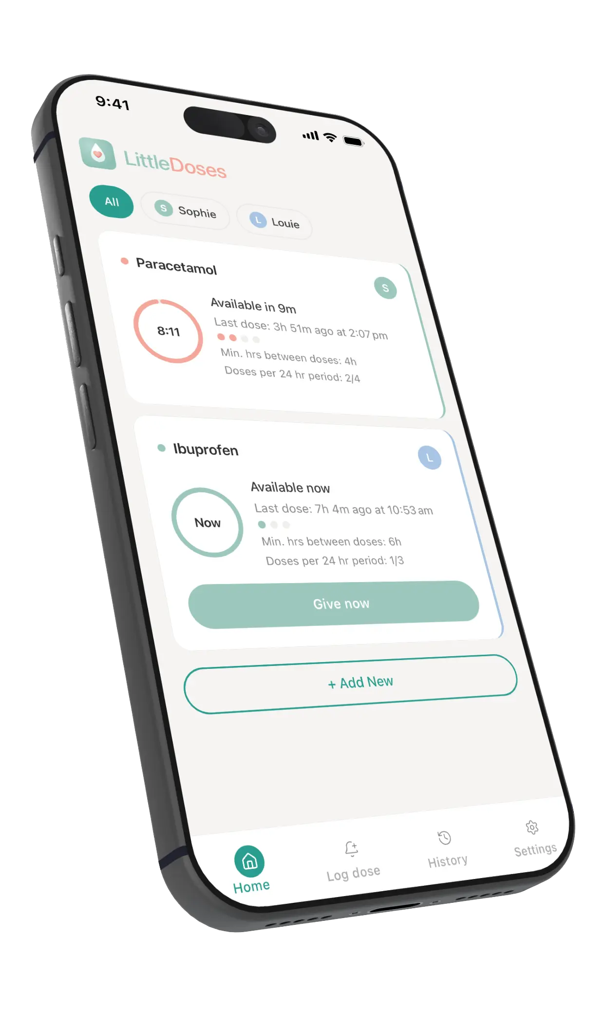 Little Doses home screen showing safe dose intervals and countdown timers for alternating medications