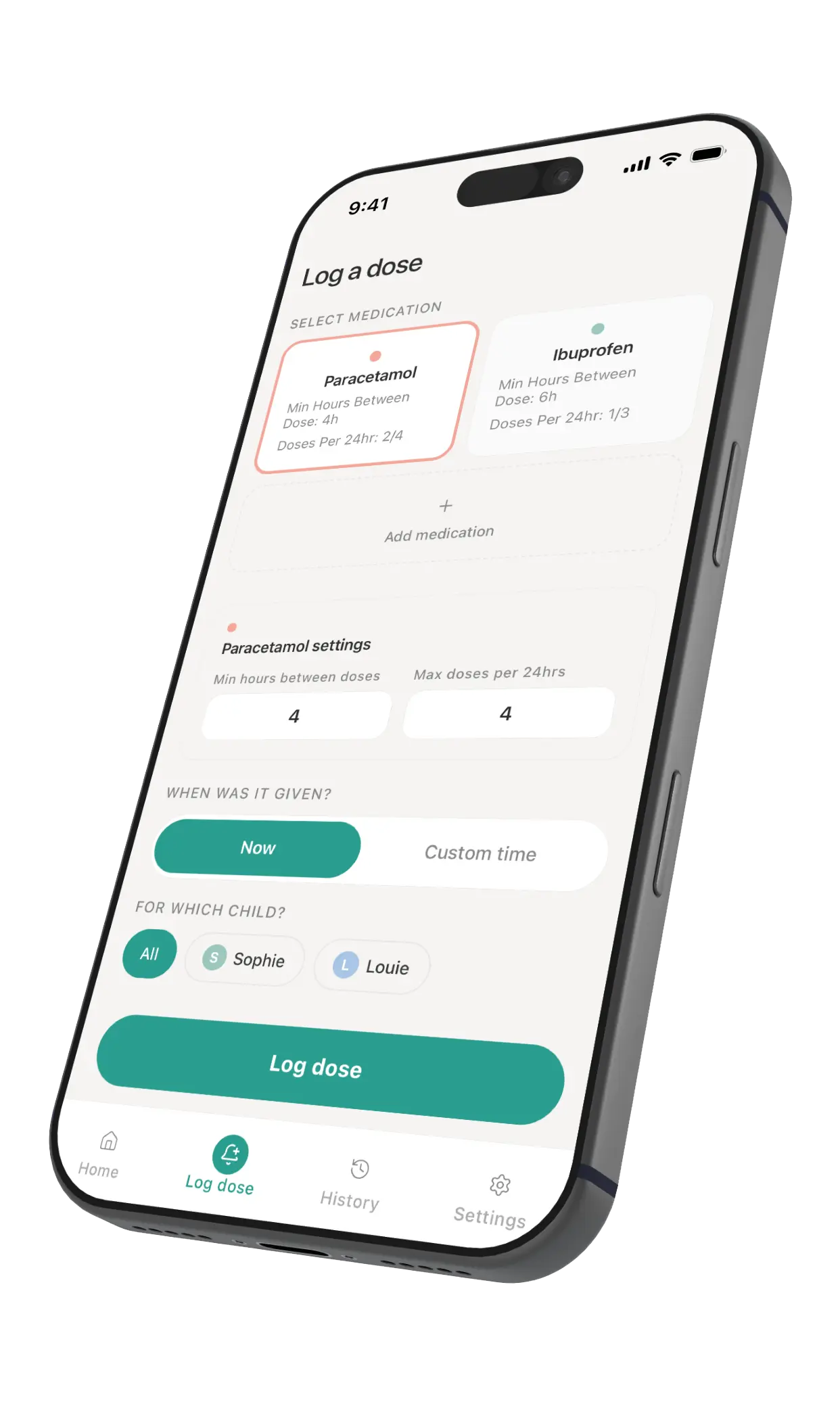 Little Doses medication tracker app showing one-tap dose logging for ibuprofen and paracetamol